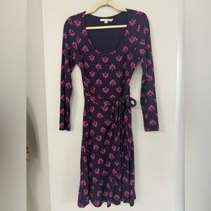 Boden Women’s 8 Navy Blue and Pink Floral Print Faux Wrap Midi Scoopneck Dress
